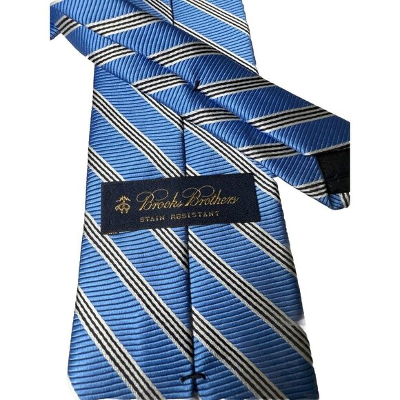 Brooks Brother Blue Silk Tie Black & White Diagonal Stripes Classic Style - Picture 4 of 6